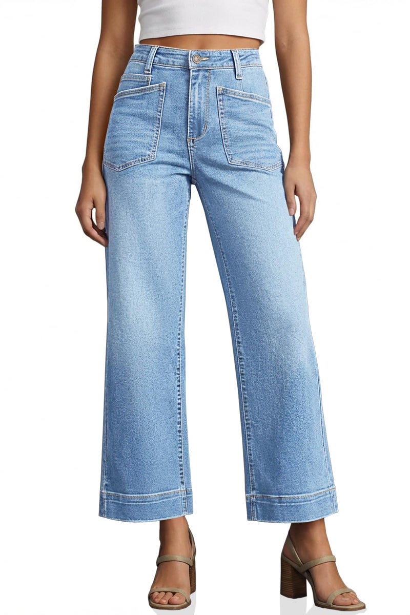 Cicy Bell Womens Cropped Wide Leg Jeans Stretchy High Waisted Trendy Capri Baggy Denim Ankle Pants with Pockets - Image 1