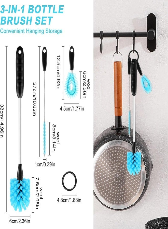ONISHOMES Long Handle Bottle Cleaning Brush Set, 3-in-1 Bottle Brush with Nylon Bristles, Stainless Steel Handle, Rubber Grip, Cleaning Brushes for Bottles, Jars and Narrow Neck Containers - Image 2
