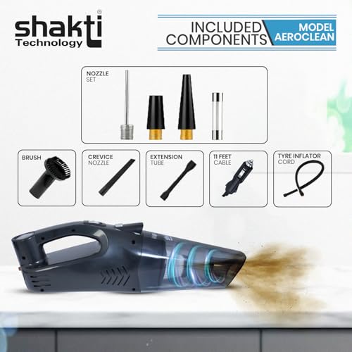 Shakti Technology Aeroclean 2 in 1 Handheld Car Vacuum Cleaner & Tyre Inflator for Car,120W, LED Light, 12V & 5500Pa Strong Suction 150PSI Max Pressure, 11ft Long Cable, Carry Bag - Image 3