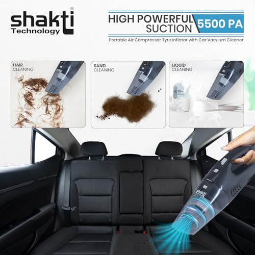 Shakti Technology Aeroclean 2 in 1 Handheld Car Vacuum Cleaner & Tyre Inflator for Car,120W, LED Light, 12V & 5500Pa Strong Suction 150PSI Max Pressure, 11ft Long Cable, Carry Bag - Image 5