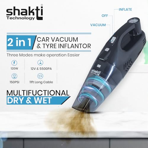 Shakti Technology Aeroclean 2 in 1 Handheld Car Vacuum Cleaner & Tyre Inflator for Car,120W, LED Light, 12V & 5500Pa Strong Suction 150PSI Max Pressure, 11ft Long Cable, Carry Bag - Image 2
