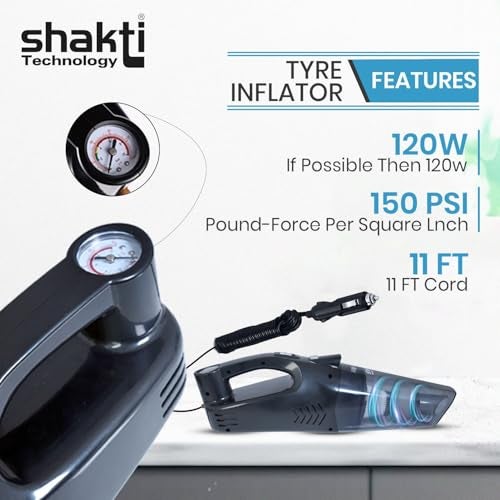 Shakti Technology Aeroclean 2 in 1 Handheld Car Vacuum Cleaner & Tyre Inflator for Car,120W, LED Light, 12V & 5500Pa Strong Suction 150PSI Max Pressure, 11ft Long Cable, Carry Bag - Image 4