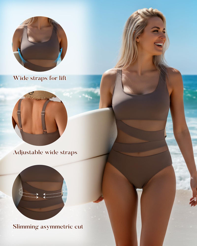 B2prity Women's Mesh One Piece Swimsuit Tummy Control Sexy Bathing Suit Push Up Swim Suit Slimming Swimwear White,Black - Image 5