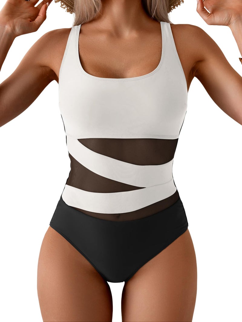 B2prity Women's Mesh One Piece Swimsuit Tummy Control Sexy Bathing Suit Push Up Swim Suit Slimming Swimwear White,Black - Image 1