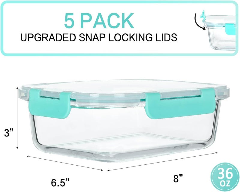 M MCIRCO [5-Packs, 36 Oz.] Glass Meal Prep Containers with Locking Lids, Airtight Lunch Containers, Microwave, Oven, Freezer and Dishwasher Safe (4.5 Cup, Green) - Image 2