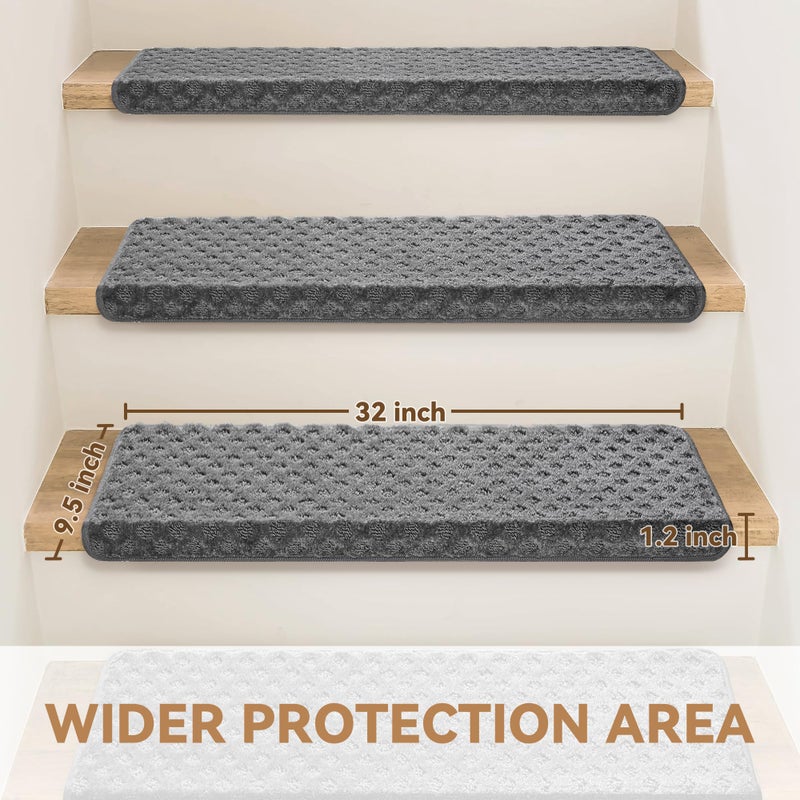 NEKL Bullnose Stair Treads Non Slip 9.5" x 32", 14 Pcs Carpet Stair Treads for Wooden Steps Indoor with Edge Protection, Reusable Peel and Stick TPU Backing Stair Runner Rugs - Lattice Pattern Grey - Image 2