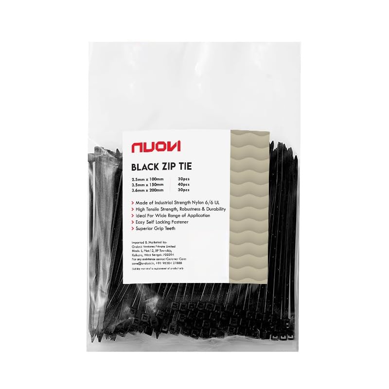 NUOVI Black Zip Ties Assorted | Heat Resistant Cable with Self-Locking Mechanism | Self-Lock, Antislip Cable Organizer | For Indoor & Outdoor Use (Set of 100) - Image 1
