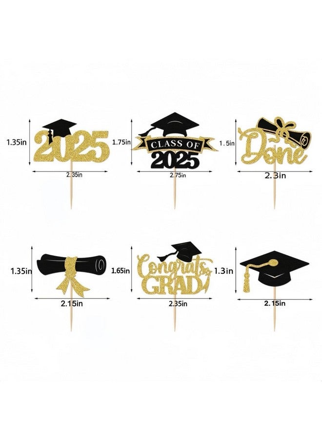 BBPOOL 2025 Graduation Cupcake Toppers, 36 pack Glitter Class of 2025 Congrats Grad Cap Diploma Cupcake Picks for Graduation Party Decorating Supplies (Gold) - Image 3