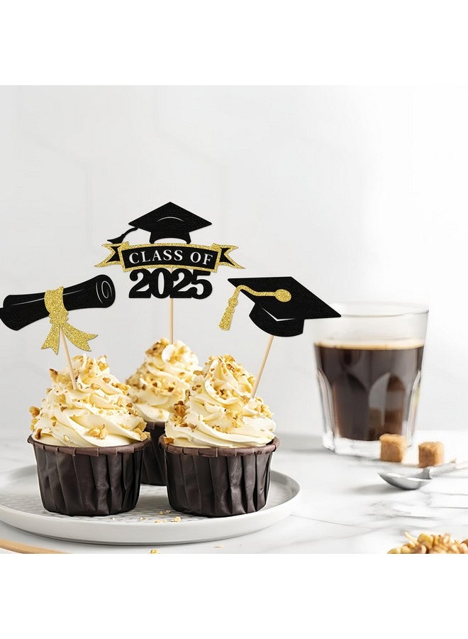 BBPOOL 2025 Graduation Cupcake Toppers, 36 pack Glitter Class of 2025 Congrats Grad Cap Diploma Cupcake Picks for Graduation Party Decorating Supplies (Gold) - Image 2