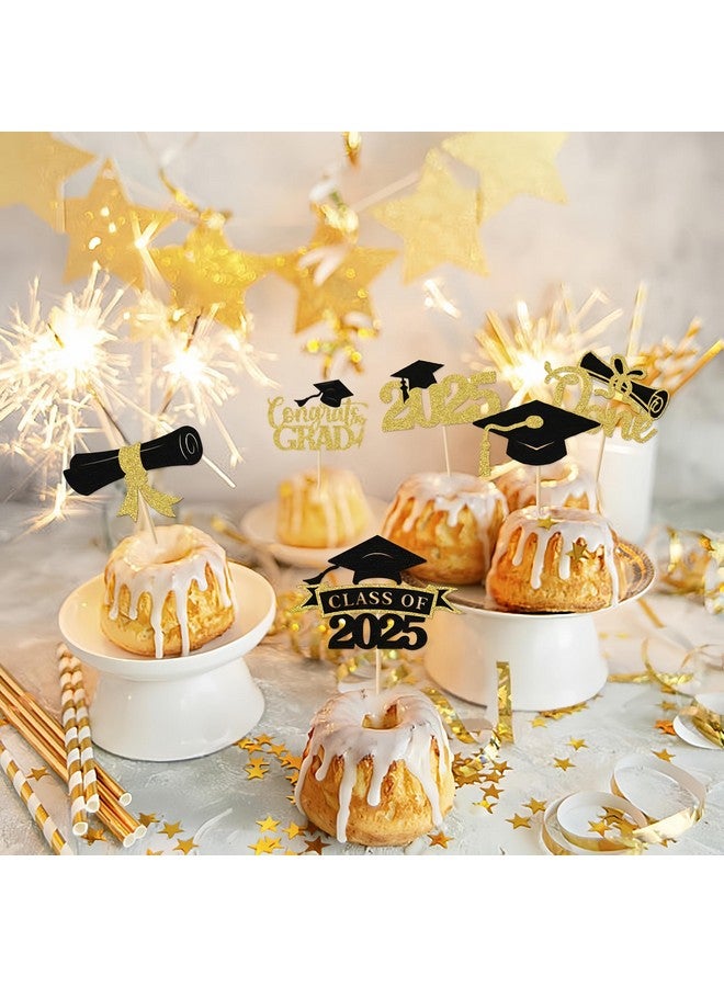 BBPOOL 2025 Graduation Cupcake Toppers, 36 pack Glitter Class of 2025 Congrats Grad Cap Diploma Cupcake Picks for Graduation Party Decorating Supplies (Gold) - Image 5