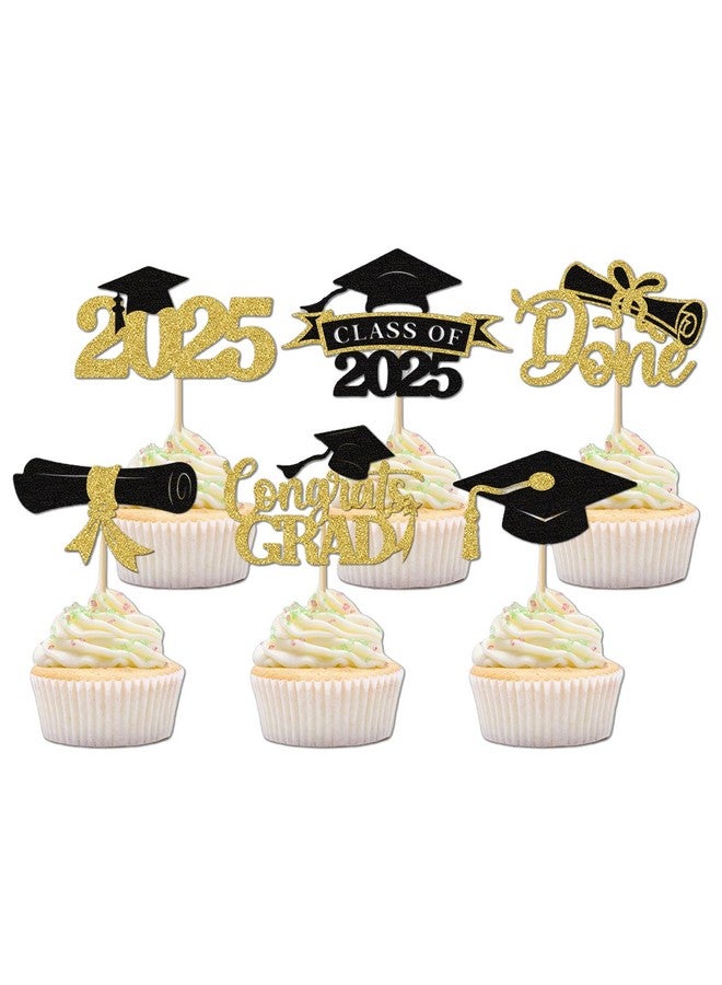 BBPOOL 2025 Graduation Cupcake Toppers, 36 pack Glitter Class of 2025 Congrats Grad Cap Diploma Cupcake Picks for Graduation Party Decorating Supplies (Gold) - Image 1