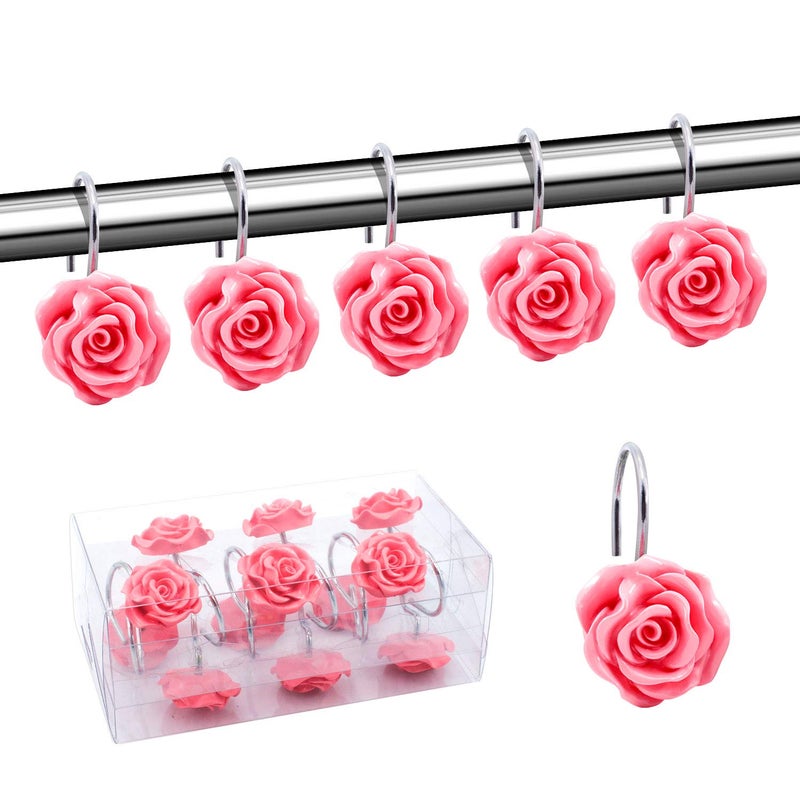 BEAVO Shower Curtain Hooks Home Decorative Rustproof Shower Curtain Hooks Resin Rose Flower Shower Hooks Rings for Bathroom Shower Rods CurtainsSet of 12 Hooks Pink