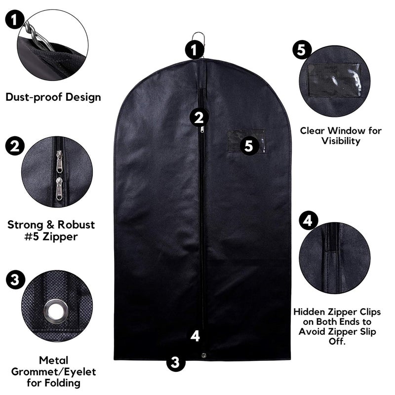 G NonWoven Durable Foldable Mens Suit Blazer Coat Cover Breathable Standard Fabric Dustproof Coat Shirt Organiser Bag With Zipper 40 Inch Black Pack of 3 - Image 4