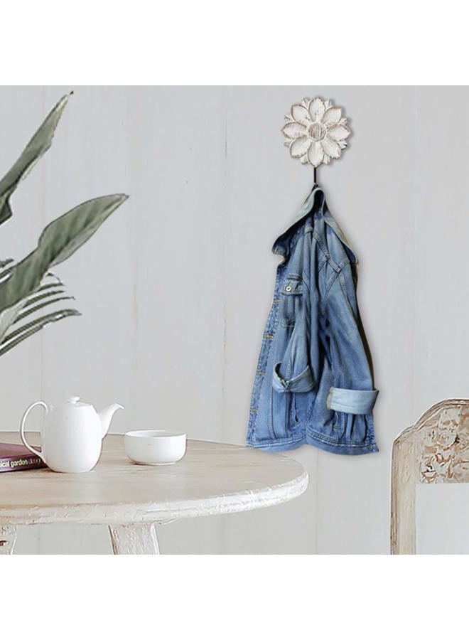 dwellington Wall Mounted Coat Rack White Distressed Wood Hanging Hooks, Farmhouse Carved Flower Wall Hooks (S/2 Distressed White) - Image 3