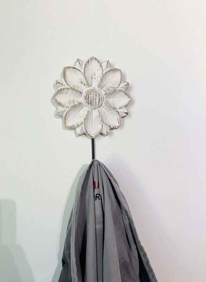dwellington Wall Mounted Coat Rack White Distressed Wood Hanging Hooks, Farmhouse Carved Flower Wall Hooks (S/2 Distressed White) - Image 4