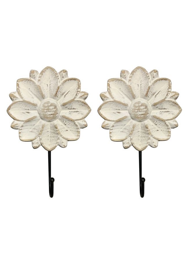 dwellington Wall Mounted Coat Rack White Distressed Wood Hanging Hooks, Farmhouse Carved Flower Wall Hooks (S/2 Distressed White) - Image 1