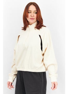 Adidas Women Sportswear Fit Long Sleeve Training Fleece Sweatshirt, Beige  - Image 3