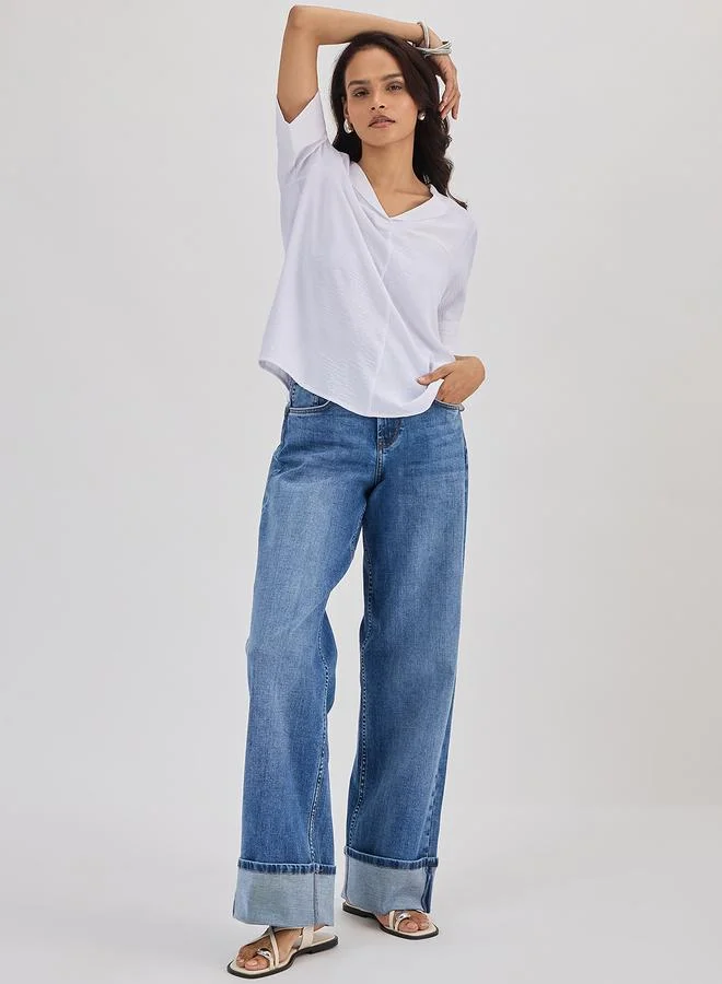 Femmella  White Shawl Collar Top with 3/4 Sleeves for Women | Best Price UAE