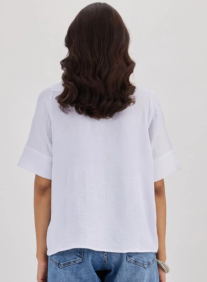 Femmella White Shawl Collar Top with 3/4 Sleeves