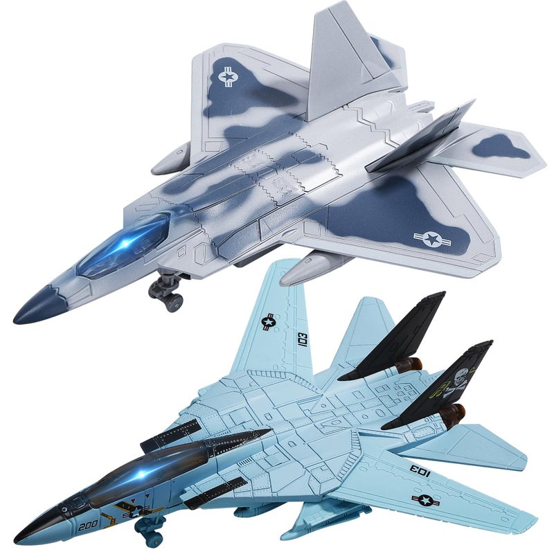 HOLYFUN Double Fighter Jet Toy F14 F22 Diecast Planes with Lights Sounds Pull Back Military Airplane Toy Gift for ToddlerKids Boys - Image 1