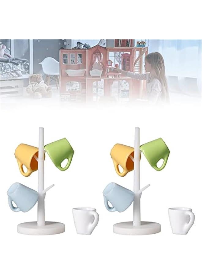 Dollhouse Cup and Cup Holder, Mini Simulated Furniture Decoration Miniature Wood Coffee Mug Holder Stand Dollhouse Decoration Rack for Household Decoration(2 Set) - Image 2