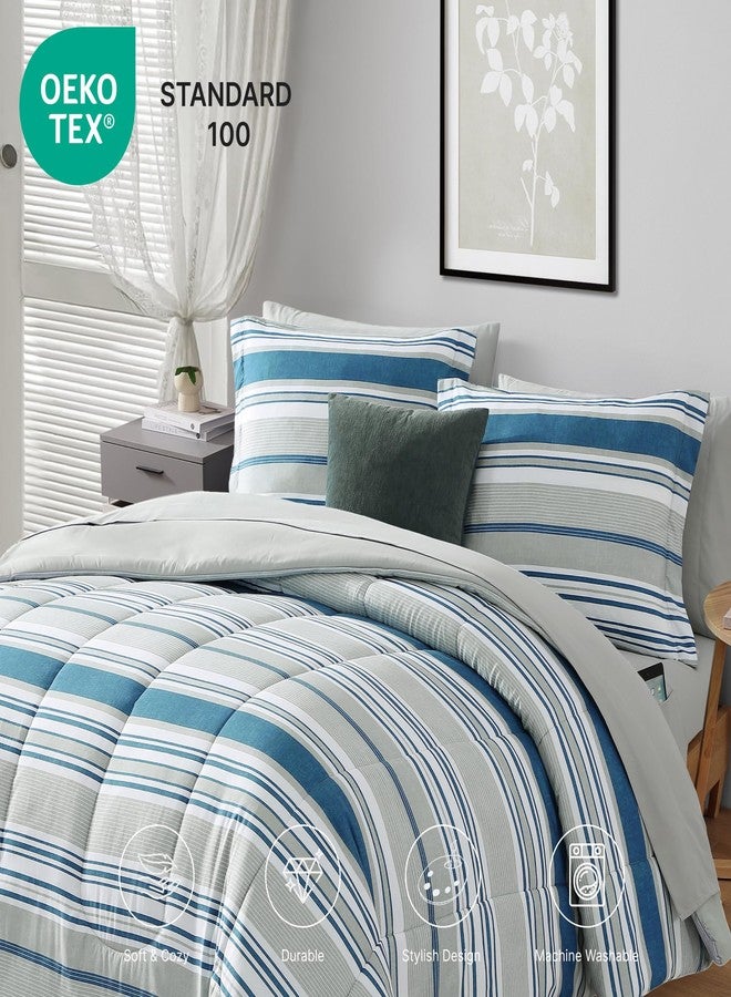 Monbix Full Comforter Set - 7 Pieces Bed in a Bag Full, Blue-Stripe Bedding Sets, All Seasons Down Alternative Comforter Bed Set with Sheets, Pillowcases & Shams - Image 4