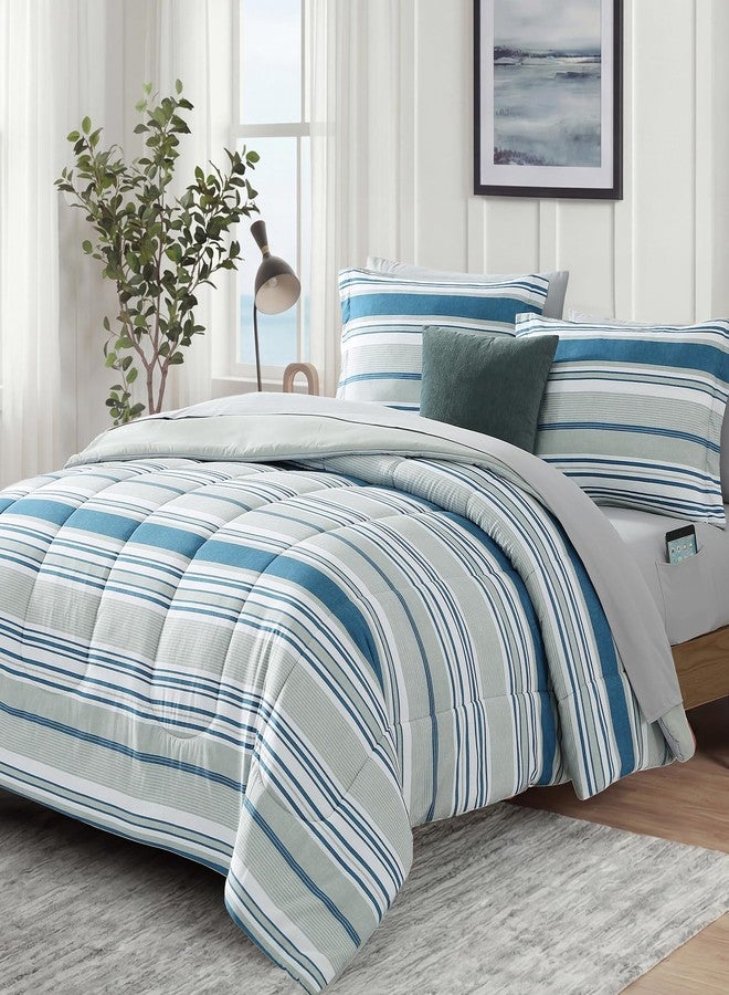 Monbix Full Comforter Set - 7 Pieces Bed in a Bag Full, Blue-Stripe Bedding Sets, All Seasons Down Alternative Comforter Bed Set with Sheets, Pillowcases & Shams - Image 2