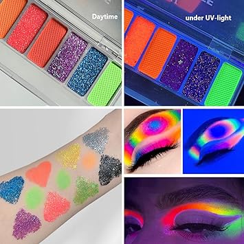 KARLOR 10 Color Fluorescent Eyeshadow Glitter Luminous Neon UV Eyeshadow Matte Shimmer Sequins Colorful Glow Makeup Eyeshadows Palette with Brush Neon Eye shadow Glow under UV Light - Image 4