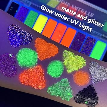 KARLOR 10 Color Fluorescent Eyeshadow Glitter Luminous Neon UV Eyeshadow Matte Shimmer Sequins Colorful Glow Makeup Eyeshadows Palette with Brush Neon Eye shadow Glow under UV Light - Image 3