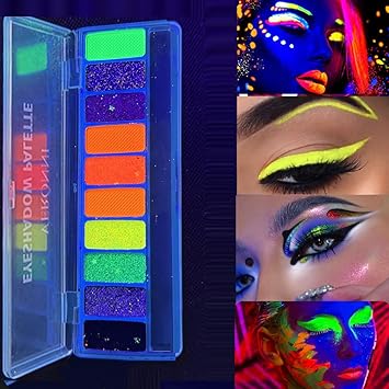 KARLOR 10 Color Fluorescent Eyeshadow Glitter Luminous Neon UV Eyeshadow Matte Shimmer Sequins Colorful Glow Makeup Eyeshadows Palette with Brush Neon Eye shadow Glow under UV Light - Image 2