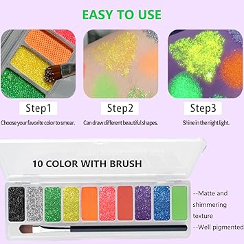 KARLOR 10 Color Fluorescent Eyeshadow Glitter Luminous Neon UV Eyeshadow Matte Shimmer Sequins Colorful Glow Makeup Eyeshadows Palette with Brush Neon Eye shadow Glow under UV Light - Image 5