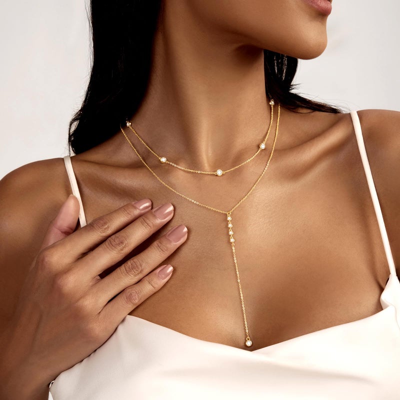 Zeffy Long Gold Necklace for Women- Dainty 14k Gold Plated Teardrop Drop Lariat Necklace Trendy Layered Simple CZ Y-Shaped Body Chain Stack Wedding Prom Dangle Statement Necklace Jewelry Gifts - Image 2