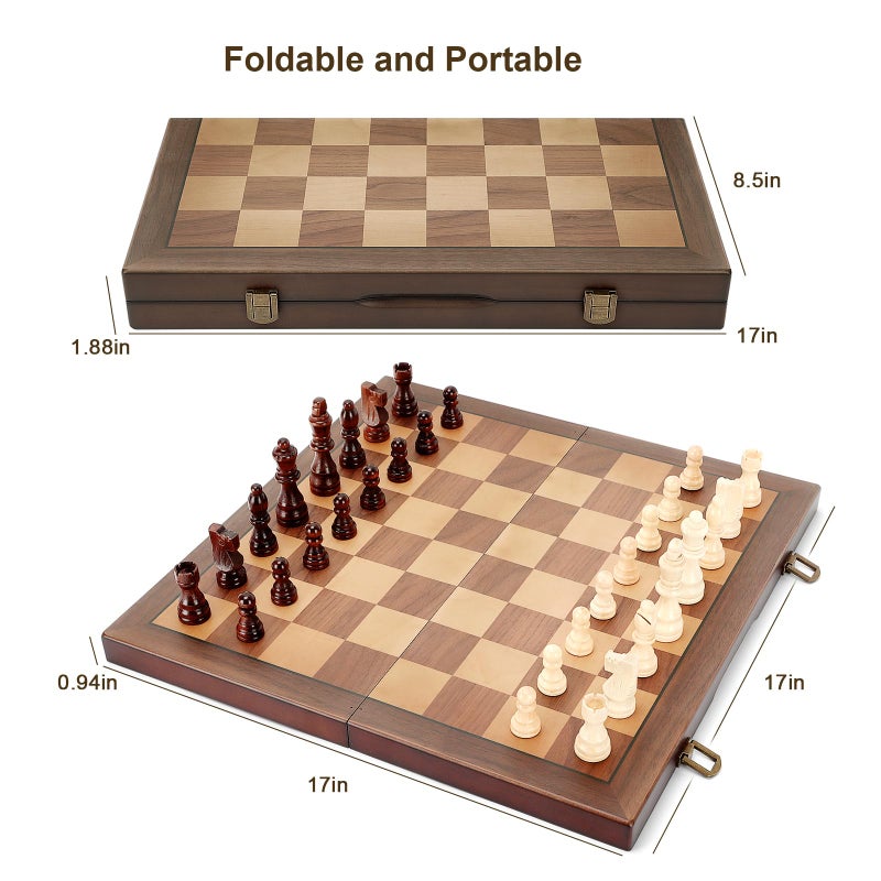Hurdaos Magnetic Wooden Chess Set for Adults Kids 17'' Chess Board with Handmade Pieces, Folding Portable Travel Unique Chess Sets Game for Tournament Professional Beginner - Image 4
