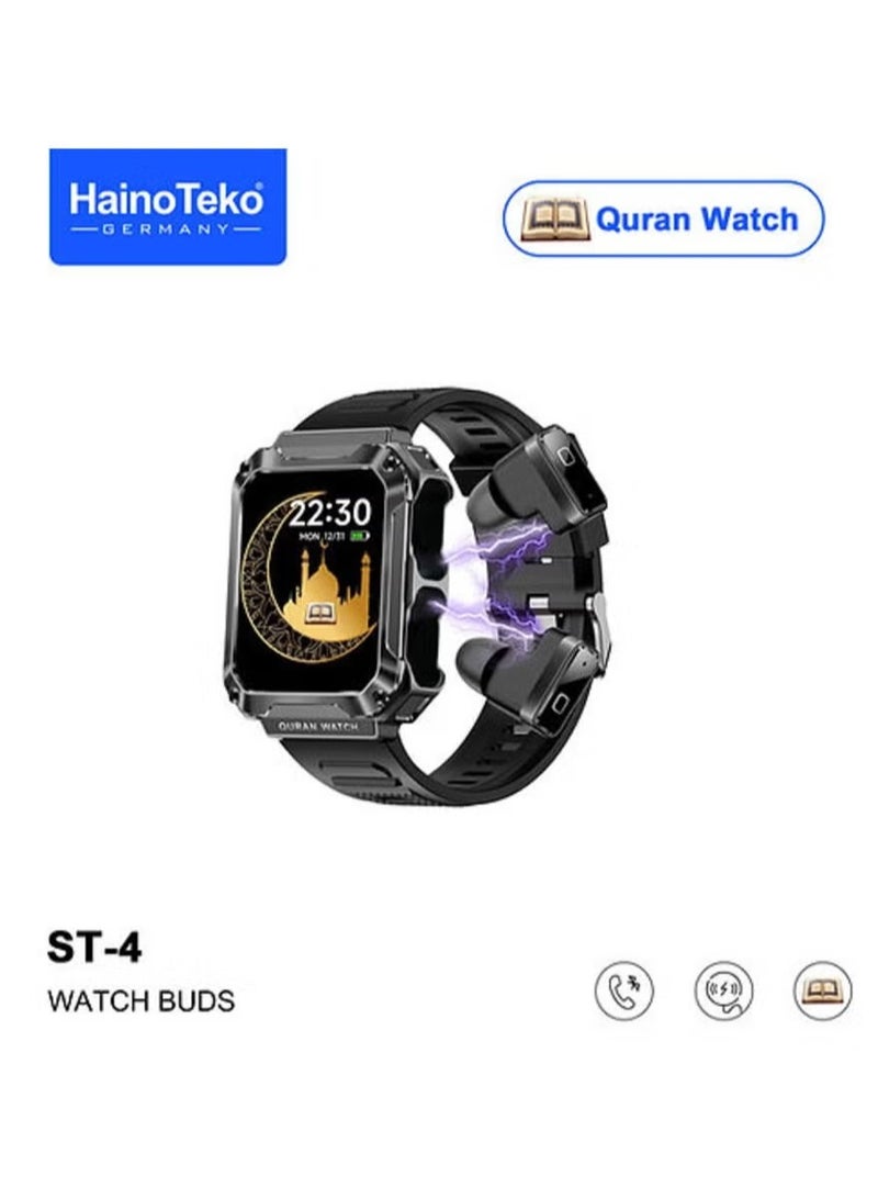 Haino Teko ST4 Smart Watch Buds – Quran with Full 114 Chapters, 4GB MP3 Speaker for Men & Boys, Multifunctional Smartwatch with Music Playback, Fitness Tracking, and Bluetooth Earbuds - Image 1