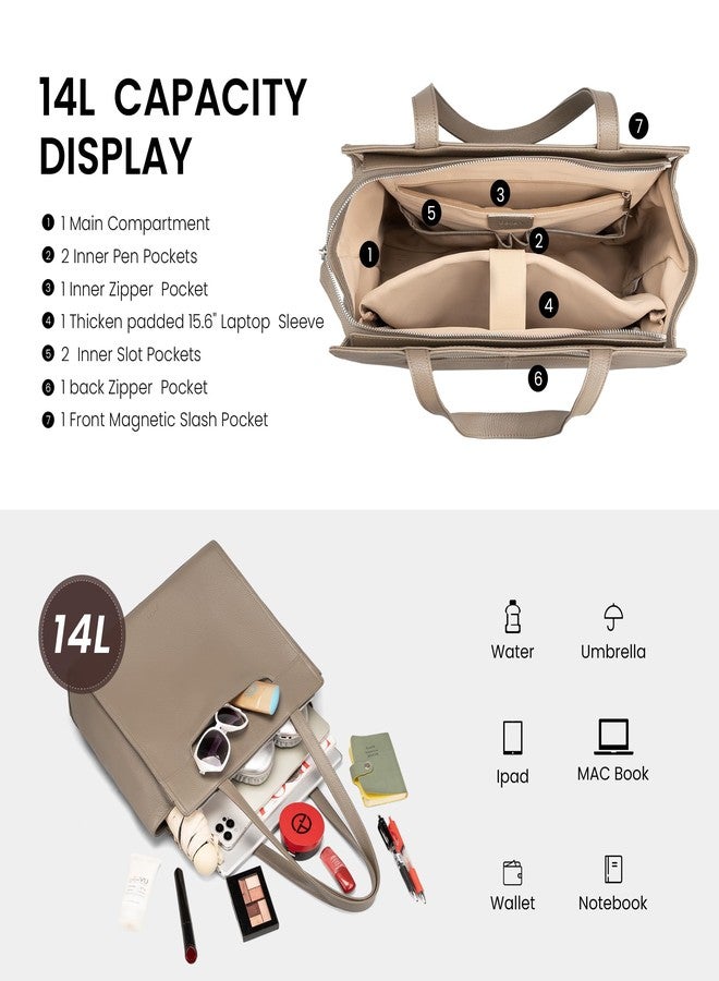 befen Genuine Leather Tote Bag for Women Work,Leather Tote Bag,Large Women's Zippered Shoulder Bags Purses Satchel Handbags with Top Handles Work Purse for Daily Travel,Taupe - Image 3