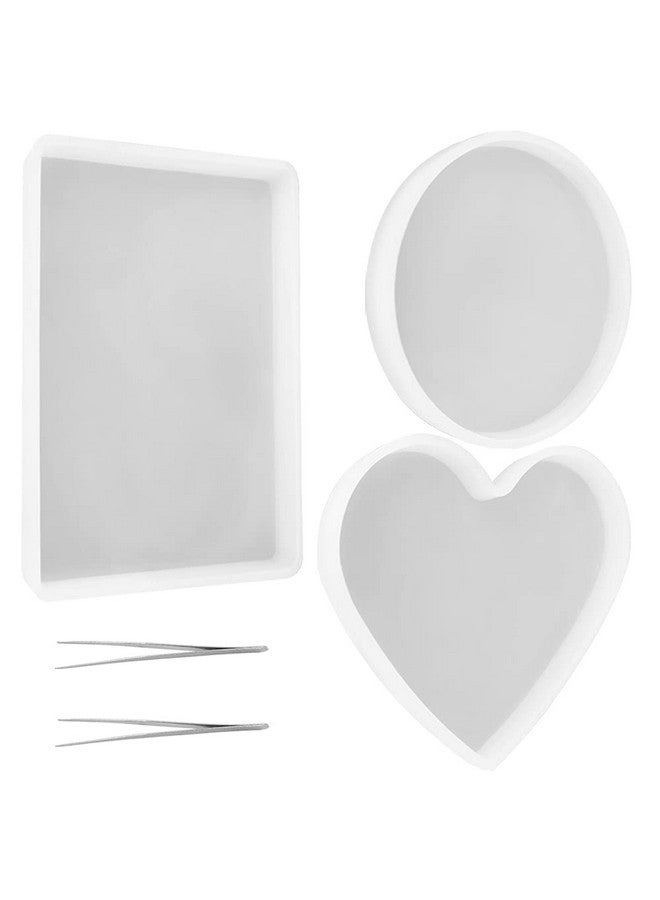 findTop 3 Pcs Large Resin Mold with 2 Tweezers, findTop Silicone Molds, Include Round, Rectangle, Heart Shaped Coaster Mold for DIY Decorative Mold - Image 1