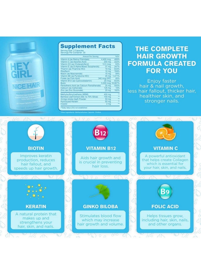 HEY GIRL NUTRITION Hair Vitamins To Help Thinning And Fallout Hair Supplement To Grow Hair Faster Stronger & Have Healthy Skin & Nails Scientifically Made With Biotin Keratin Folic Acid Vitamin B C - Image 3