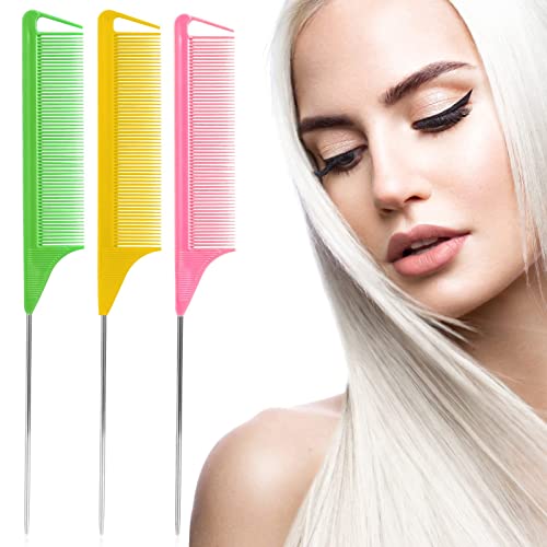 Kunihiko Rat Tail Combs Set 3Pcs Long Steel Pin Teasing Combs for Salon Hair Stylists Metal Parting Comb for WomenGreenYellowPink - Image 5