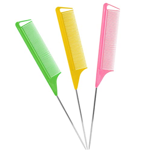 Kunihiko Rat Tail Combs Set 3Pcs Long Steel Pin Teasing Combs for Salon Hair Stylists Metal Parting Comb for WomenGreenYellowPink - Image 2