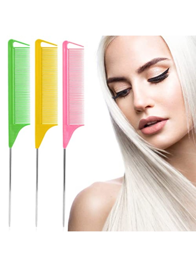 Kunihiko Rat Tail Combs Set 3Pcs Long Steel Pin Teasing Combs for Salon Hair Stylists Metal Parting Comb for WomenGreenYellowPink - Image 4