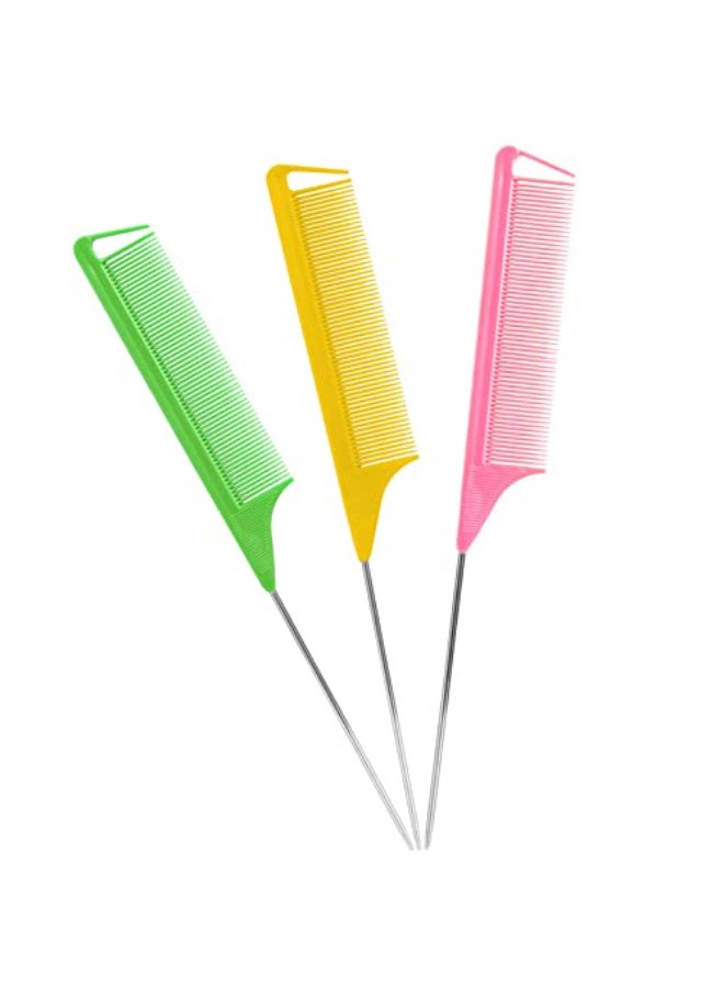 Kunihiko Rat Tail Combs Set 3Pcs Long Steel Pin Teasing Combs for Salon Hair Stylists Metal Parting Comb for WomenGreenYellowPink - Image 1