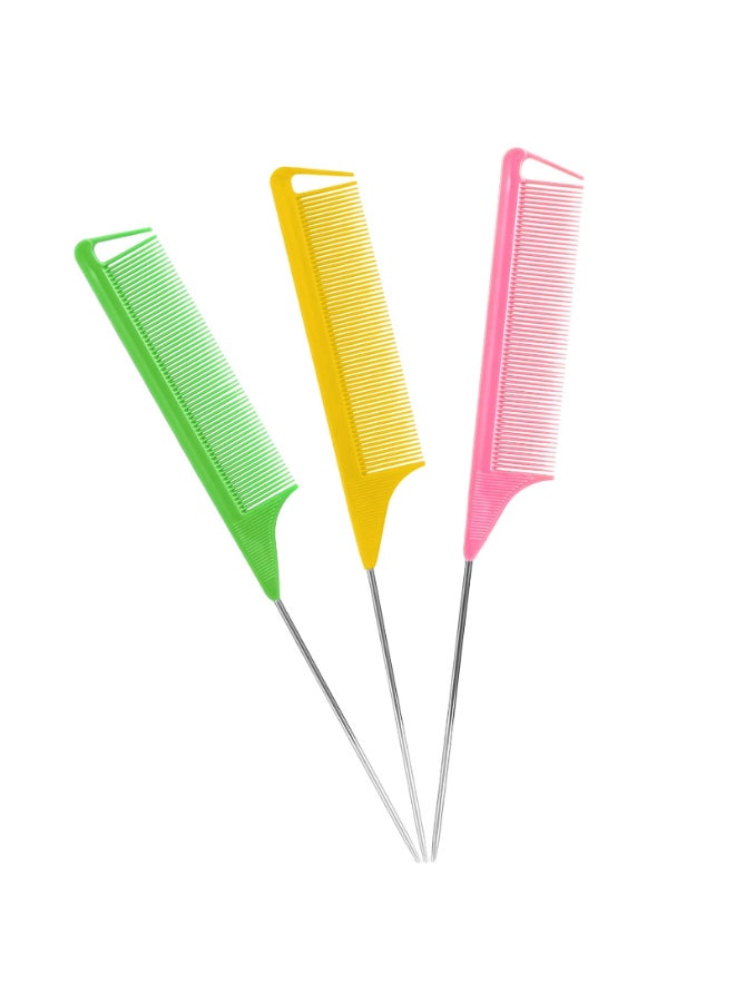 Kunihiko Rat Tail Combs Set 3Pcs Long Steel Pin Teasing Combs for Salon Hair Stylists Metal Parting Comb for WomenGreenYellowPink - Image 3