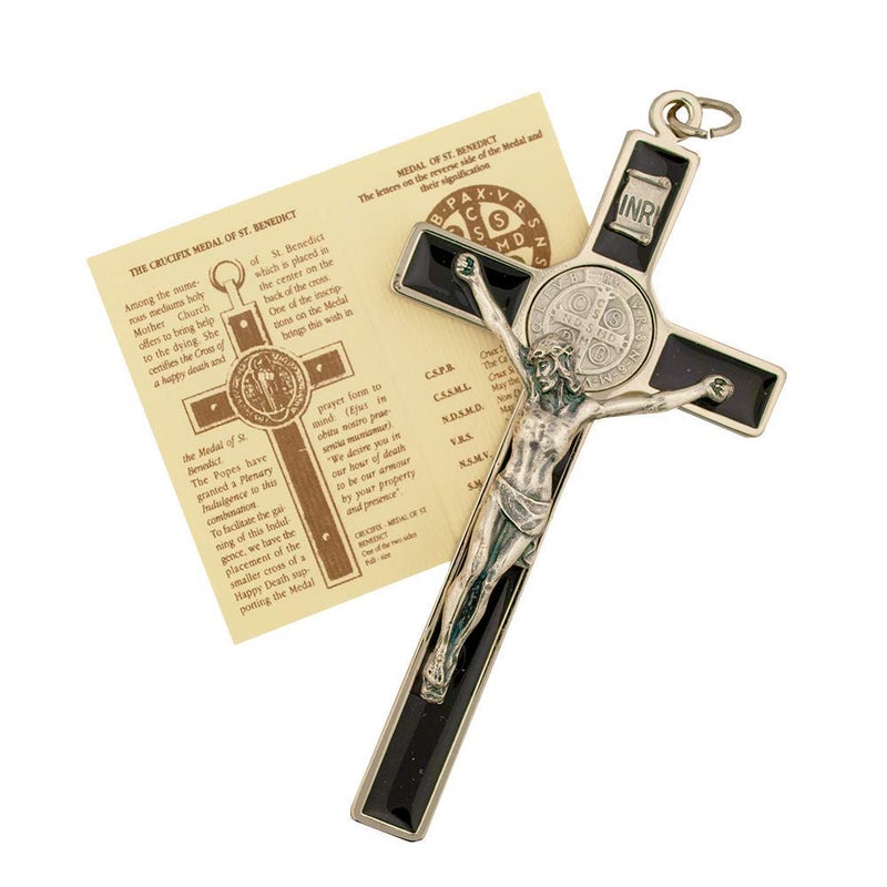 Vatican Imports St Benedict Wall Crucifix with Colored Enamel and Booklet Explaining The St Benedict Medal Black