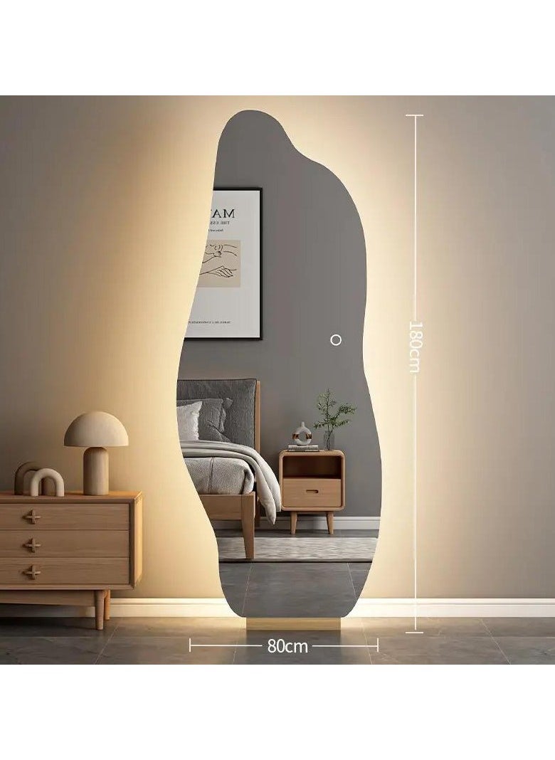 Irregular Frameless LED Mirror Asymmetrical Vanity Mirror with Wooden Stand Frameless Decorative Full-Length Mirror with LED Lights Backlit Frameless Aesthetic Mirror Cloud Shaped for Bedroom