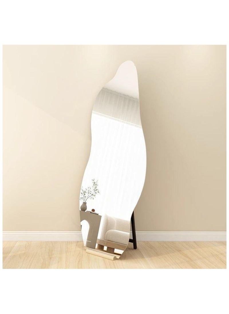 Irregular Frameless LED Mirror Asymmetrical Vanity Mirror with Wooden Stand Frameless Decorative Full-Length Mirror with LED Lights Backlit Frameless Aesthetic Mirror Cloud Shaped for Bedroom
