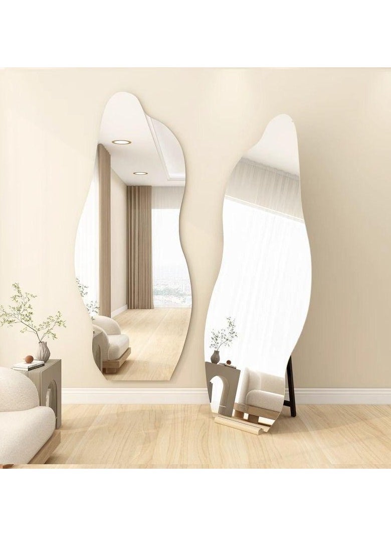 Irregular Frameless LED Mirror Asymmetrical Vanity Mirror with Wooden Stand Frameless Decorative Full-Length Mirror with LED Lights Backlit Frameless Aesthetic Mirror Cloud Shaped for Bedroom