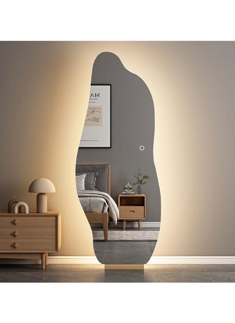 Irregular Frameless LED Mirror Asymmetrical Vanity Mirror with Wooden Stand Frameless Decorative Full-Length Mirror with LED Lights Backlit Frameless Aesthetic Mirror Cloud Shaped for Bedroom