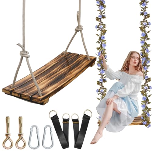 FOKOL 2026 Upgraded Large Wooden Swing Seat 24x 8 Hanging Tree Swing for Adults Kids 500lbs Load Adjustable Nylon Rope Tree Straps IndoorOutdoor Swings with Purple Floral Garland - Image 1