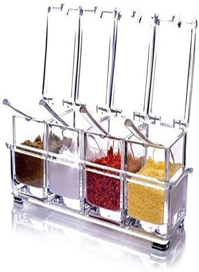Onmall Crystal Spice Seasoning Box Transparent Masala Dani with 4 Box & 4 Spoons Acrylic Container Jar for Spice Salt Sugar Cruet Condiment - Image 1