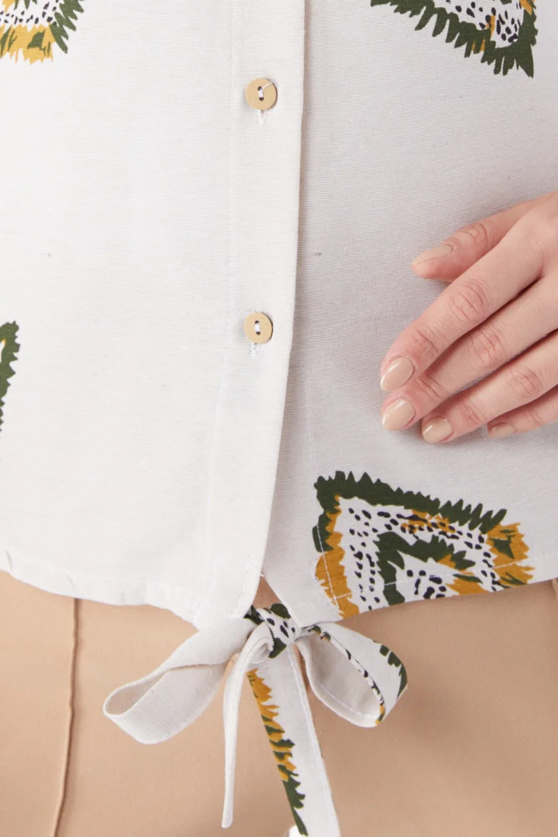 Tofisa Plain Shirt Collar Women Khaki Tied Hem Patterned Shirt - 13150